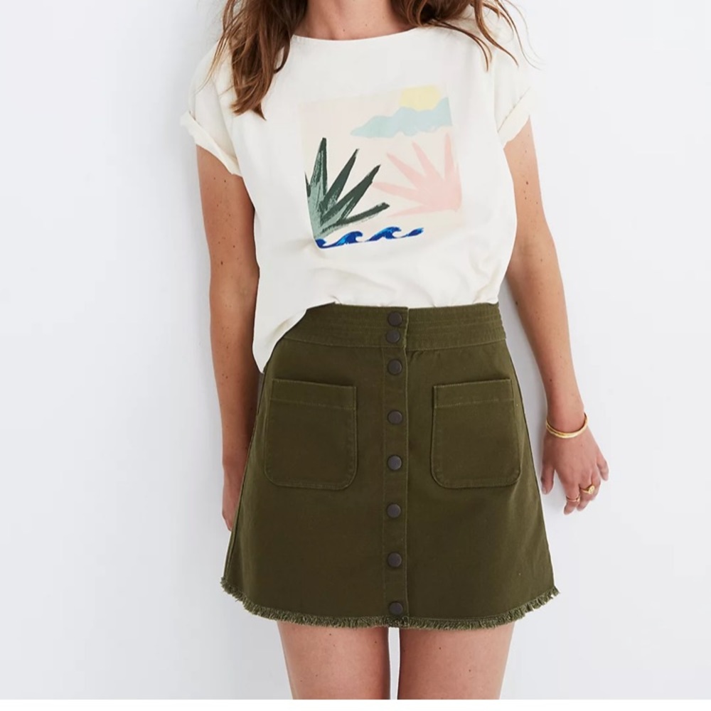 Madewell Olive Green Raw Hem Button Up Skirt sz2